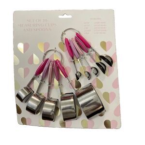 10 Piece Stainless Steel Measuring Cups & Spoons Set Pink Purple Handles NIB
